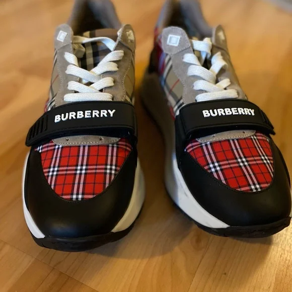 Burberry Leather Sneakers- colors black red and white. Size is 12 size 45 Italy - Picture 2 of 8